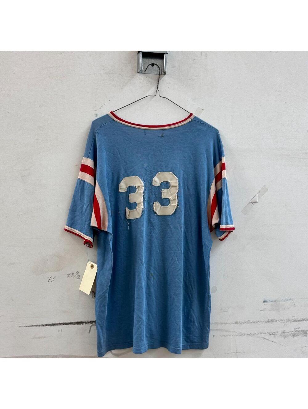 Vintage 1970s Faded Blue Stitched Patch "33" Ringer Athletic Jersey